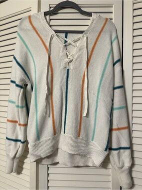 Roxy White V-Neck Lace-Up Sweater with Teal Orange and Navy Stripes